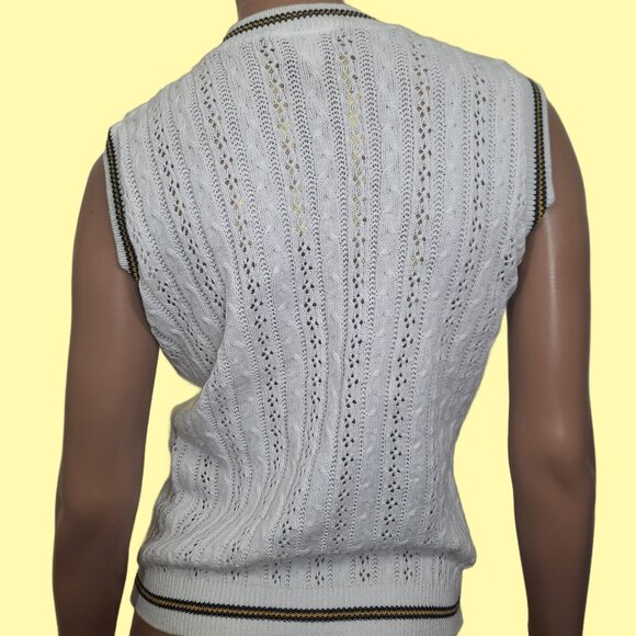 Vintage 90s White sweater Vest Preppy Academia Coquette Cable Knit V Neck M - Picture 5 of 7